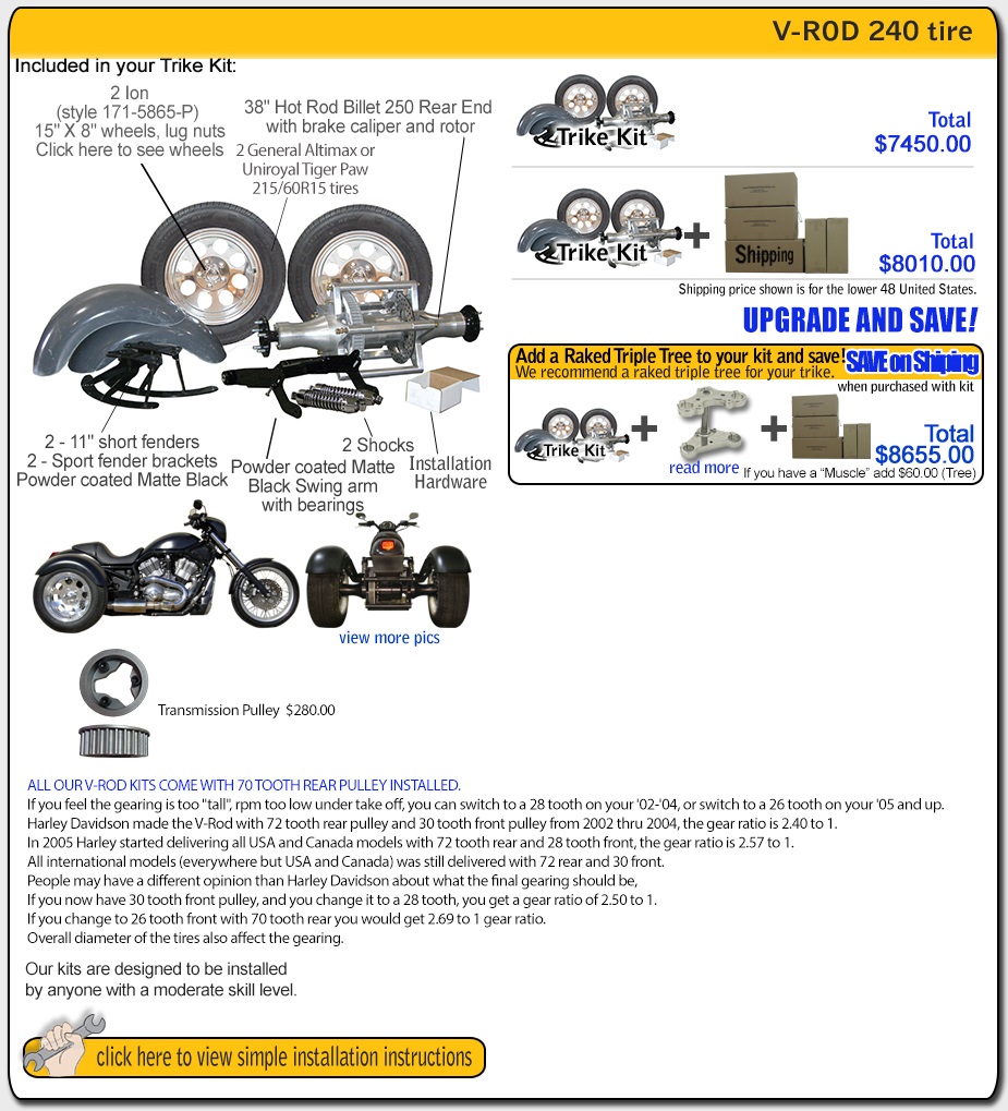 frankenstein trikes trike kit for harley davidson v-rod kit contents and pricing 